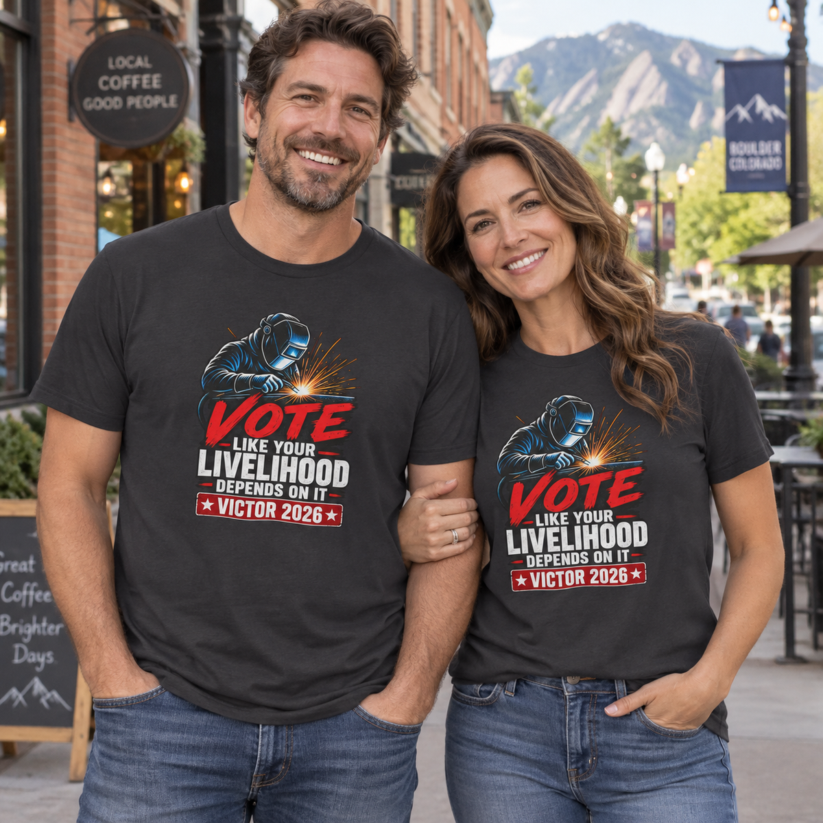 Colorado lifestyle — welder graphic, Dark Grey T-shirts worn by a man and woman in a Colorado town