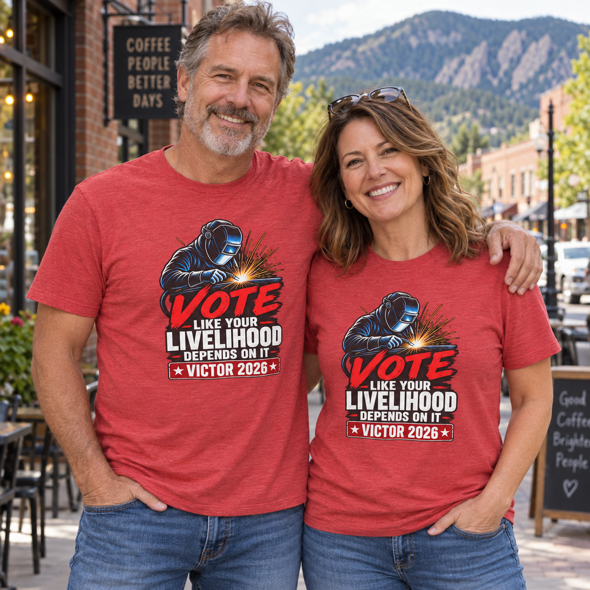 Colorado lifestyle — welder graphic, Heather Red T-shirts worn by a man and woman in a Colorado town