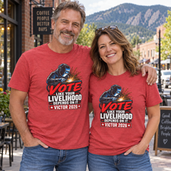Colorado lifestyle — welder graphic, Heather Red T-shirts worn by a man and woman in a Colorado town