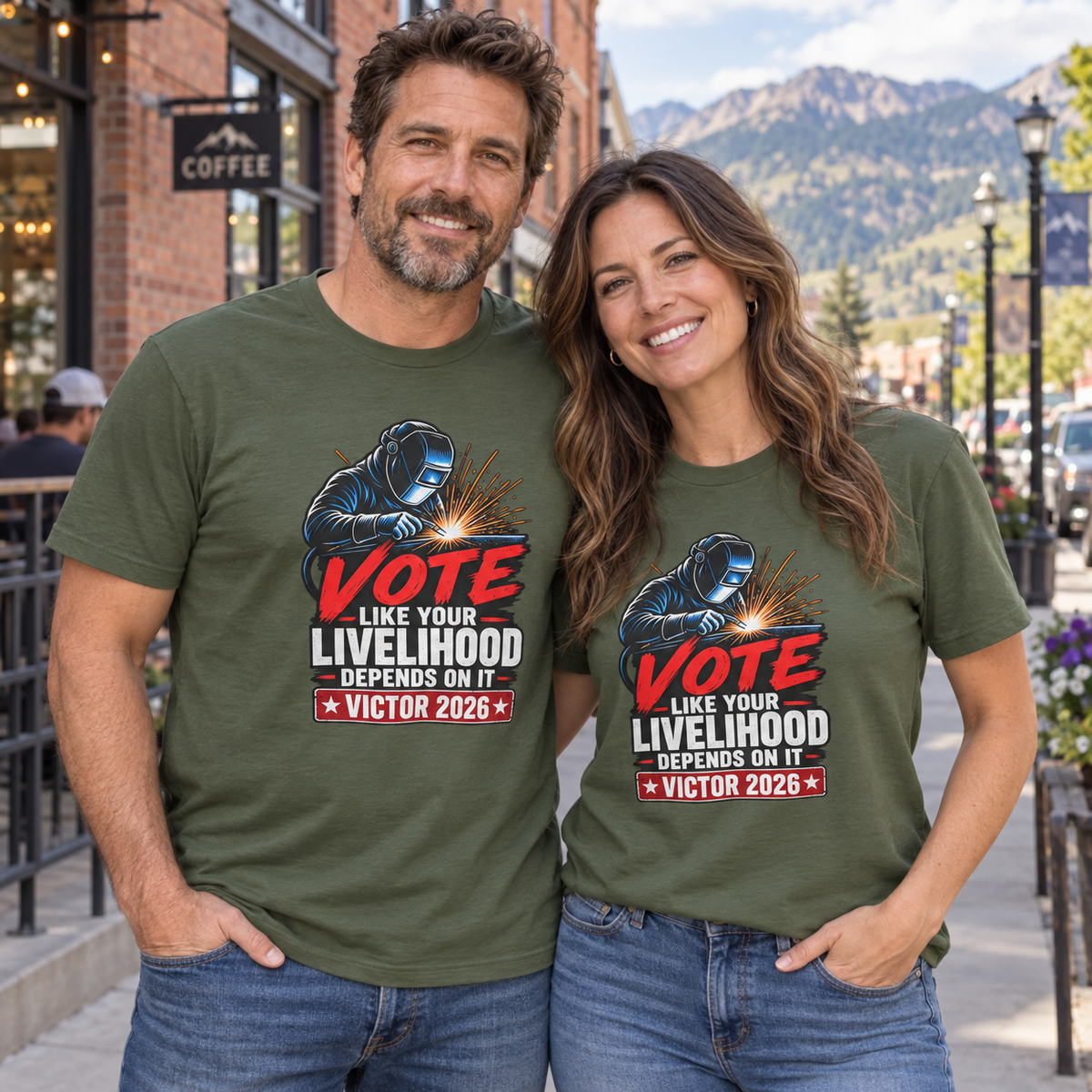 Colorado lifestyle — welder graphic, Military Green T-shirts worn by a man and woman in a Colorado town
