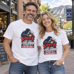 Colorado lifestyle — welder graphic, White T-shirts worn by a man and woman in a Colorado town