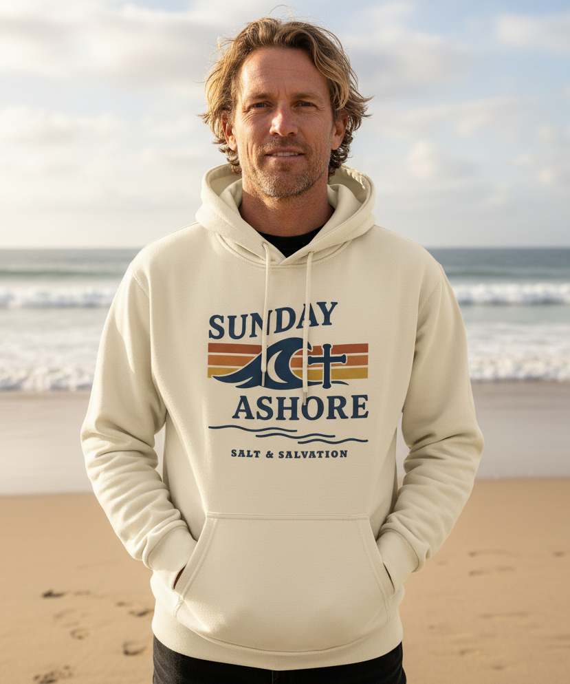 Sunday Ashore Sunset Hoodie – Premium Faith-Inspired Coastal Pullover
