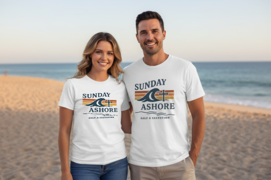Christian Coastal T-Shirt | Sunday Ashore Vintage Coastal Surf Tee | Liberty & Victory