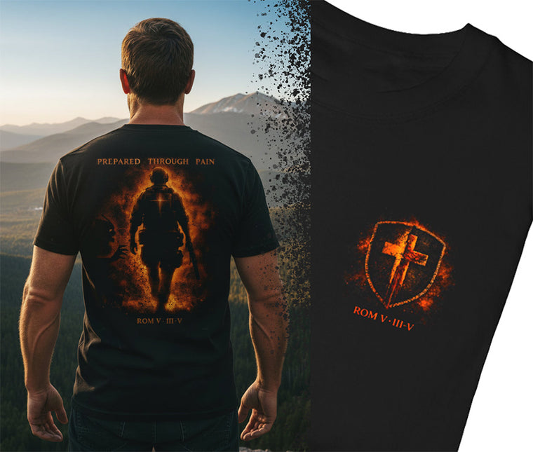 Christian Veteran T-Shirt | Faith Warrior Prepared Through Pain Graphic Tee | Liberty & Victory