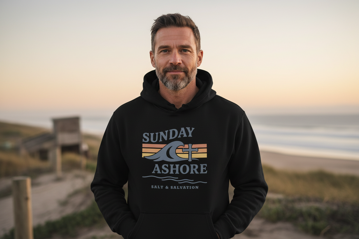 Sunday Ashore Sunset Hoodie – Premium Faith-Inspired Coastal Pullover