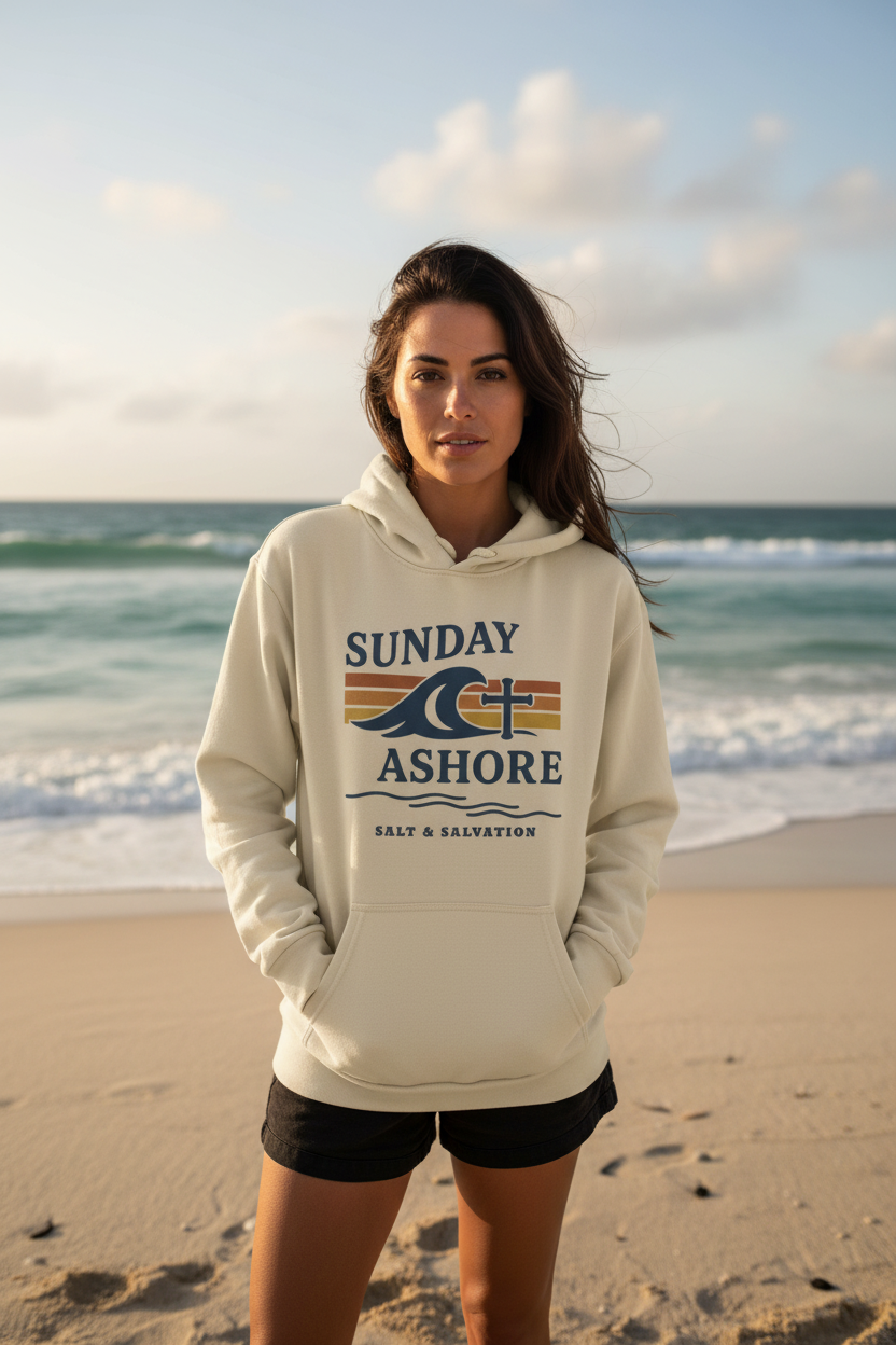 Sunday Ashore Sunset Hoodie – Premium Faith-Inspired Coastal Pullover