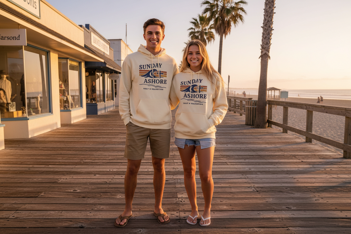 Sunday Ashore Sunset Hoodie – Premium Faith-Inspired Coastal Pullover