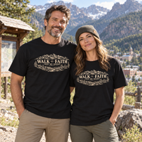 Colorado lifestyle - Walk by Faith scenic graphic, Black shirts worn by a man and woman at a mountain-town trailhead
