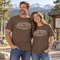 Colorado lifestyle - Walk by Faith scenic graphic, Espresso shirts worn by a man and woman at a mountain-town trailhead