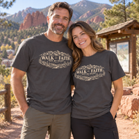 Colorado lifestyle - Walk by Faith scenic graphic, Graphite shirts worn by a man and woman at a mountain-town trailhead