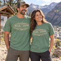 Colorado lifestyle - Walk by Faith scenic graphic, Light Green shirts worn by a man and woman at a mountain-town trailhead