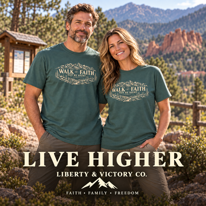 Walk by Faith Blue Spruce couple at a Colorado trailhead with Liberty & Victory mountain logo and Live Higher