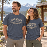 Colorado lifestyle - Walk by Faith scenic graphic, Navy shirts worn by a man and woman at a mountain-town trailhead